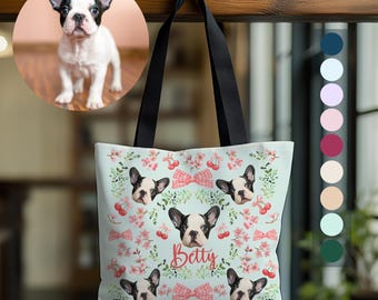 Personalised Retro Pet Head Portrait Canvas Bag, Watercolour Coquette Design with Bows and Cherry Blossoms, Unique Gift for Pet Lovers