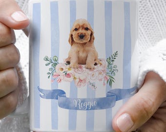 Custom Dog Mug, retro watercolour portrait with floral  coquette accents, perfect pet lover gift for birthdays or dog adoption events
