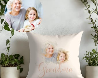 Federa per cuscino personalizzata con scritta "Nanny", ritratto ad acquerello per compleanni, Natale, festa della mamma, dalla tua foto, regalo personalizzato per la nonna