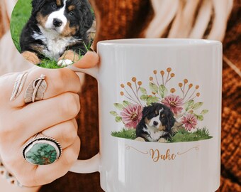Personalised Watercolour Pet Portrait Mug, Retro Floral Arrangement with Rudbeckia & Billy Button flowers, unique pet gift!