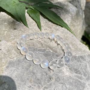 Natural Blue Moonstone Round Bead Bracelet | White Blue Sheen Moonstone Stretch Bracelet