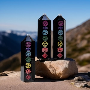 Könnte beinhalten: Drei schwarze Obsidian-Chakra-Türme mit den sieben Chakra-Symbolen, die in Regenbogenfarben graviert sind. Die Türme sind in einer Reihe auf einem Felsen mit einem Berg im Hintergrund angeordnet.