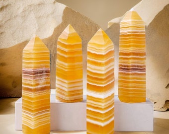 Natural Yellow Calcite Crystal Tower Obelisk Magic Point Healing Quartz Energy Crystal Wand Decorative Gifts