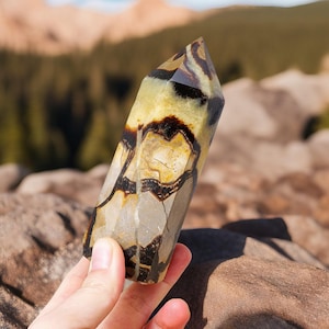 Puede incluir: Una punta de cristal rayada de marrón, negro y blanco con una punta puntiaguda. El cristal está pulido y tiene una superficie lisa.