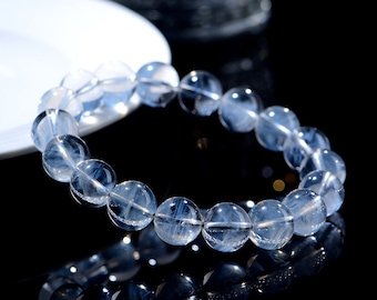 Natural Blue Needle Bracelet - Large Blue Rutilated Quartz Bead Bracelet
