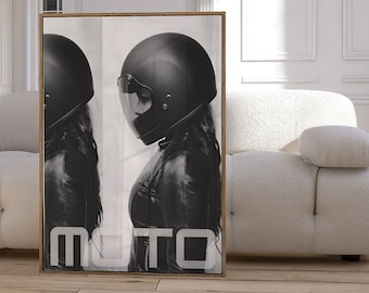 Motorcycle Girl Vintage Retro Aesthetic Black and White Poster | Apartment decor, Room decor, Dorm Decor, Cool Girl, Magazine Cover Wall Art