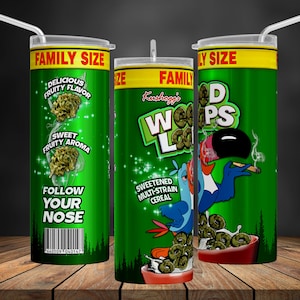 May include: A green and white tumbler featuring a cartoon bird holding a joint and a bowl of cereal. The text on the tumbler reads "Kushkappi Weed Loops Sweetened Multi-Strain Cereal Family Size".