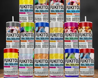 May include: A row of twelve colorful bottles labeled "FUKITOL ORAL SOLUTION CBD/Delta8" with a variety of pills inside. The bottles are arranged in three rows of four. Each bottle has a white cap and a straw.