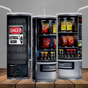 May include: Three stainless steel tumblers with different designs. The first tumbler has a black and white design with the words "Danger Electrical Hazard". The second tumbler has a vending machine design with various snack foods. The third tumbler has a vending machine design with various snack foods.