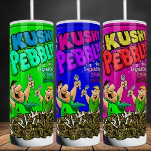 May include: Three 20oz tumblers with a green, blue, and pink background. Each tumbler features a cartoon character holding a spoon with a bowl of cereal. The cereal is green and white and the text on the tumbler reads "KUSHY PEBBLE" with the words "With Snacka Crunka Weed" below.