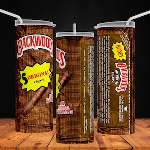 May include: A brown and tan tumbler with a straw. The tumbler has a design of a Backwoods cigar pack with the text "Backwoods Authentic Cigars" and "5 Original Cigars".
