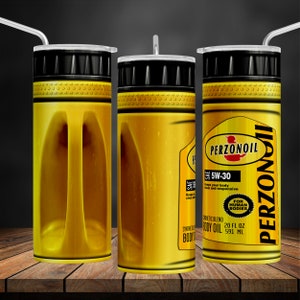 May include: Three yellow and black tumblers with a design that looks like a can of motor oil. The design includes the text "PERZONOIL" and "SAE 5W-30".