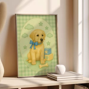 Golden Retriever Nursery Print, Baby Boy Nursery, Golden Retriever Art, Baby Shower Gift, Puppy nursery Decor, Coquette Blue Bow