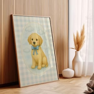 Golden Retriever Nursery Print, Baby Boy Nursery, Golden Retriever Art, Baby Shower Gift, Puppy nursery Decor, Gingham Nursery