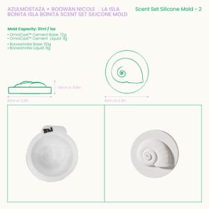 Op de afbeelding: Een witte siliconen malset voor het maken van geurartikelen. De set bevat een ronde mal met een spiraalontwerp, een schelpvormige mal en een rechthoekige mal. De mallen zijn ongeveer 6 cm in diameter en 1,6 cm hoog.