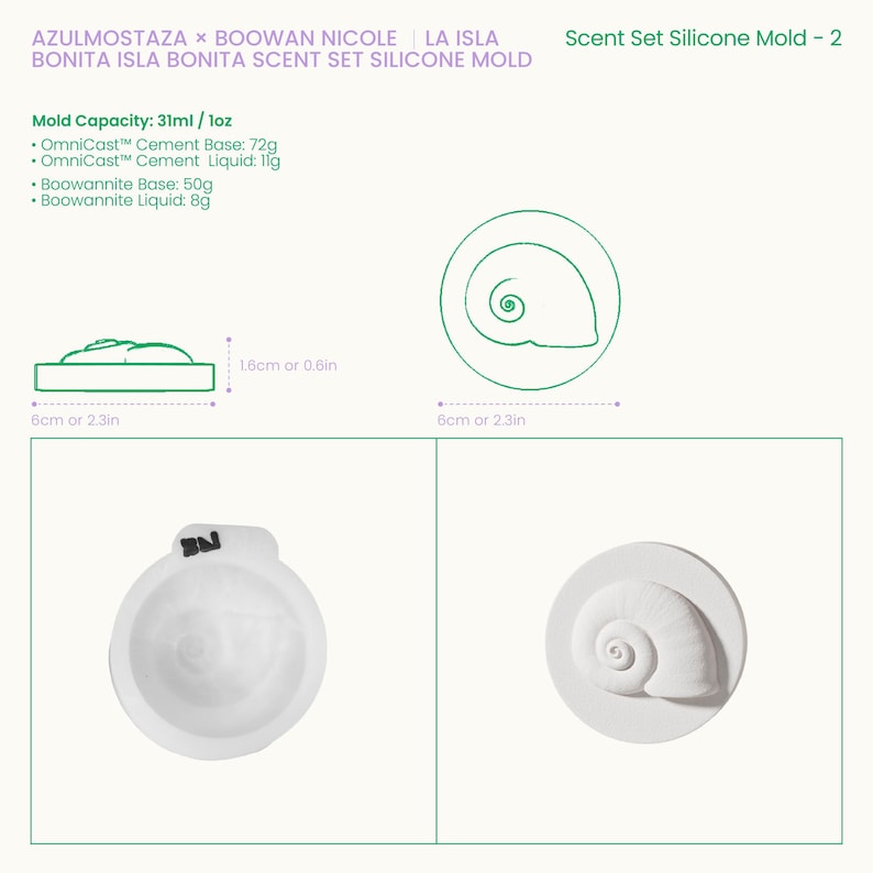 Op de afbeelding: Een witte siliconen malset voor het maken van geurartikelen. De set bevat een ronde mal met een spiraalontwerp, een schelpvormige mal en een rechthoekige mal. De mallen zijn ongeveer 6 cm in diameter en 1,6 cm hoog.