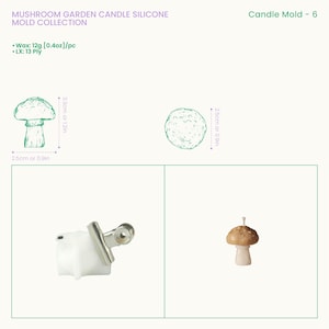May include: A white silicone mushroom candle mold secured with a silver metal binder clip, alongside a finished light brown mushroom-shaped candle. Text includes MUSHROOM GARDEN CANDLE SILICONE MOLD COLLECTION, Candle Mold - 6, Wax: 12g [0.4oz]/pc, and LX: 13 Ply.