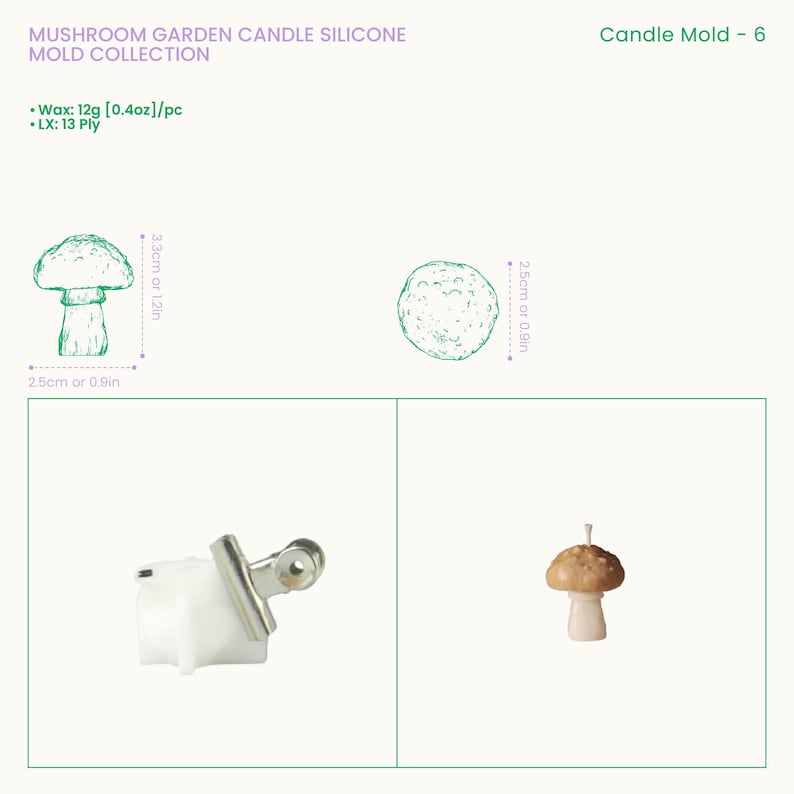 May include: A white silicone mushroom candle mold secured with a silver metal binder clip, alongside a finished light brown mushroom-shaped candle. Text includes MUSHROOM GARDEN CANDLE SILICONE MOLD COLLECTION, Candle Mold - 6, Wax: 12g [0.4oz]/pc, and LX: 13 Ply.