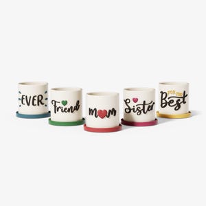 Könnte beinhalten: Fünf weiße Keramik-Blumentöpfe mit bunten Rändern und verschiedenen Sprüchen. Die Töpfe tragen die Aufschriften "Ever", "Friend", "Mom", "Sister" und "For the Best".