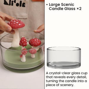 May include: A set of two large clear glass candle containers. The cylindrical glass vessels are designed to hold wax and decorative elements, such as the red and white mushroom-shaped candles shown inside one of the containers on a green base.