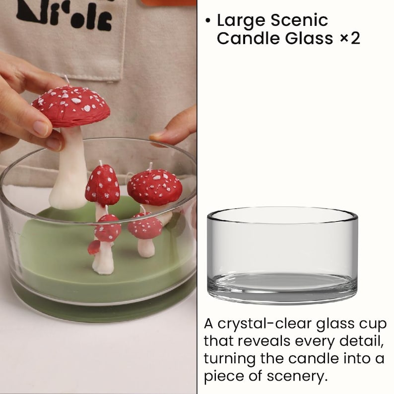 May include: A set of two large clear glass candle containers. The cylindrical glass vessels are designed to hold wax and decorative elements, such as the red and white mushroom-shaped candles shown inside one of the containers on a green base.