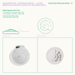 Op de afbeelding: Een witte siliconen malset voor het maken van geurartikelen. De afbeelding bevat een diagram en twee voorbeelden van afgewerkte producten. De capaciteit van de mal is 31 ml en de afmetingen zijn 6 cm bij 6 cm.