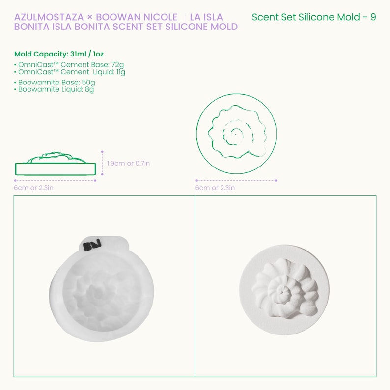 Op de afbeelding: Een witte siliconen malset voor het maken van geurartikelen. De afbeelding bevat een diagram en twee voorbeelden van afgewerkte producten. De capaciteit van de mal is 31 ml en de afmetingen zijn 6 cm bij 6 cm.