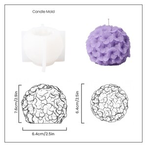 May include: A white silicone candle mold and a finished lavender-colored floral candle. The candle is spherical, with a design of small flower petals. The dimensions are 2.5 inches wide, 2.9 inches high, and 2.5 inches deep. The text "Candle Mold" is at the top.