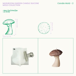 May include: Mushroom Garden Candle Silicone Mold Collection, Candle Mold - 2. Includes a white silicone mold with a metal binder clip and a finished brown and beige mushroom candle. Dimensions: 5.7cm (2.2in) height, 4.5cm (1.7in) width. Wax: 27g (0.9oz)/pc.
