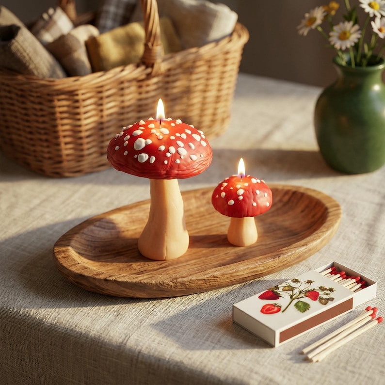 May include: Two lit mushroom-shaped candles with red caps and white spots, resting on an oval wooden tray. Beside the tray sits a rectangular matchbox decorated with a strawberry illustration and several loose wooden matches with red tips.