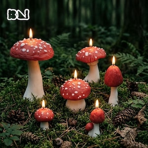 May include: Six mushroom-shaped candles of varying sizes, each featuring a red cap with white spots and a white stem. Each candle is lit with a small flame. The candles are arranged in a cluster, with the largest on the left and smaller ones.
