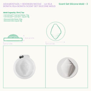 Op de afbeelding: Een witte siliconen mal set voor het knutselen, met een zeeschelp ontwerp. De set bevat een mal met een capaciteit van 31ml en afmetingen van 6cm bij 6cm. De afbeelding toont ook de benodigde ingredi&euml;nten.