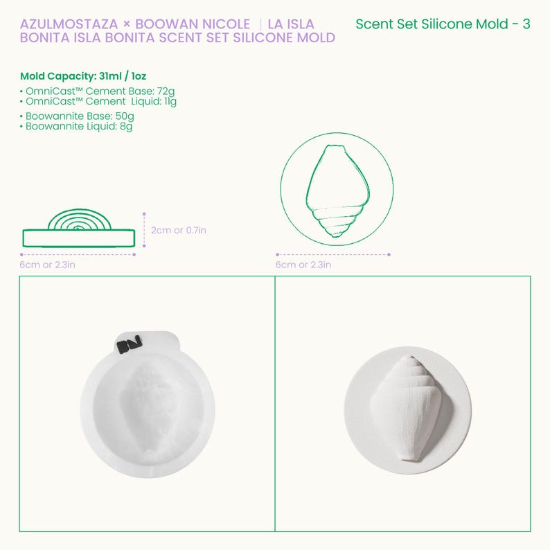 Op de afbeelding: Een witte siliconen mal set voor het knutselen, met een zeeschelp ontwerp. De set bevat een mal met een capaciteit van 31ml en afmetingen van 6cm bij 6cm. De afbeelding toont ook de benodigde ingredi&euml;nten.
