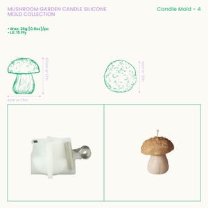 May include: Mushroom Garden Candle Silicone Mold Collection Candle Mold - 4. Includes a white silicone mold with a metal clip and a finished mushroom candle. Dimensions are 4.5cm by 4cm or 1.7in by 1.5in. Wax capacity is 26g or 0.8oz per piece.