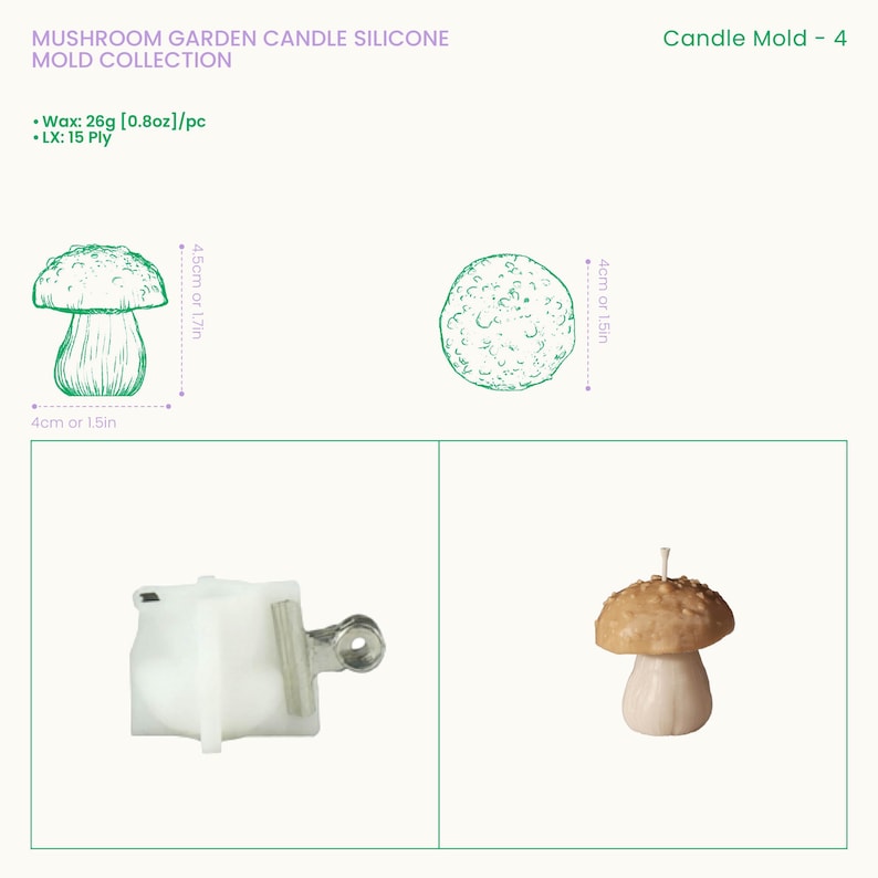 May include: Mushroom Garden Candle Silicone Mold Collection Candle Mold - 4. Includes a white silicone mold with a metal clip and a finished mushroom candle. Dimensions are 4.5cm by 4cm or 1.7in by 1.5in. Wax capacity is 26g or 0.8oz per piece.