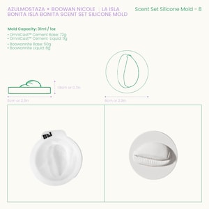 Op de afbeelding: Een witte siliconen malset voor het maken van geurartikelen. De set bevat verschillende malontwerpen, waaronder een schelp en een gestileerde vorm. De malcapaciteit is 31 ml. De afmetingen zijn 6 cm bij 6 cm en 1,9 cm hoog. De tekst op de afbeelding luidt "BONITA ISLA BONITA SCENT SET SILICONE MOLD".