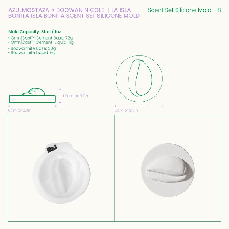 Op de afbeelding: Een witte siliconen malset voor het maken van geurartikelen. De set bevat verschillende malontwerpen, waaronder een schelp en een gestileerde vorm. De malcapaciteit is 31 ml. De afmetingen zijn 6 cm bij 6 cm en 1,9 cm hoog. De tekst op de afbeelding luidt "BONITA ISLA BONITA SCENT SET SILICONE MOLD".