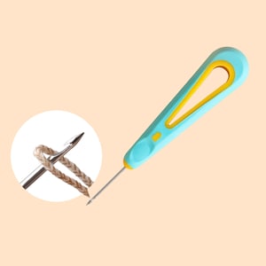 May include: A blue and yellow plastic tool with a needle for threading yarn through a small hole. The needle is threaded through a piece of brown yarn.