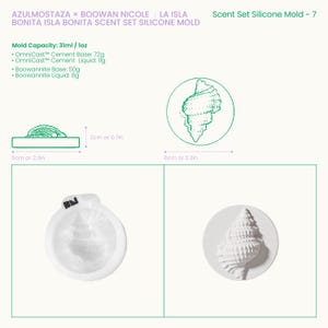 Op de afbeelding: Een witte siliconen malset voor het maken van schelpvormige items. De set bevat een mal, een schelpgietstuk en een diagram. De mal is 6 cm breed en 2 cm hoog. De tekst op de afbeelding luidt "Scent Set Silicone Mold - 7".