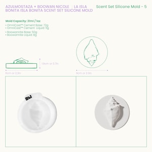 Op de afbeelding: Een witte siliconen malset voor het maken van schelpvormige items. De set bevat een mal met een schelpmotief, een schelpafdruk en een diagram met afmetingen van 6 cm breed en 1,9 cm hoog. De mal heeft een capaciteit van 31 ml.