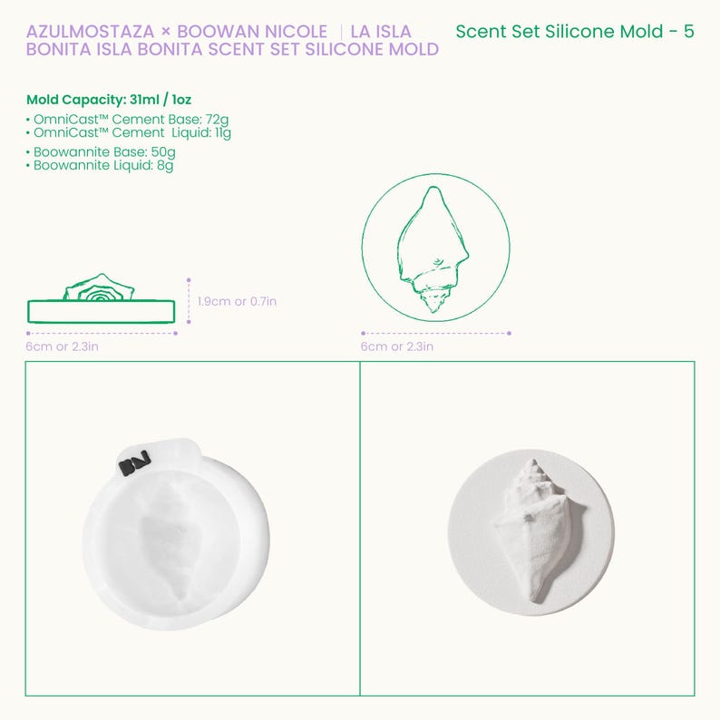 Op de afbeelding: Een witte siliconen malset voor het maken van schelpvormige items. De set bevat een mal met een schelpmotief, een schelpafdruk en een diagram met afmetingen van 6 cm breed en 1,9 cm hoog. De mal heeft een capaciteit van 31 ml.