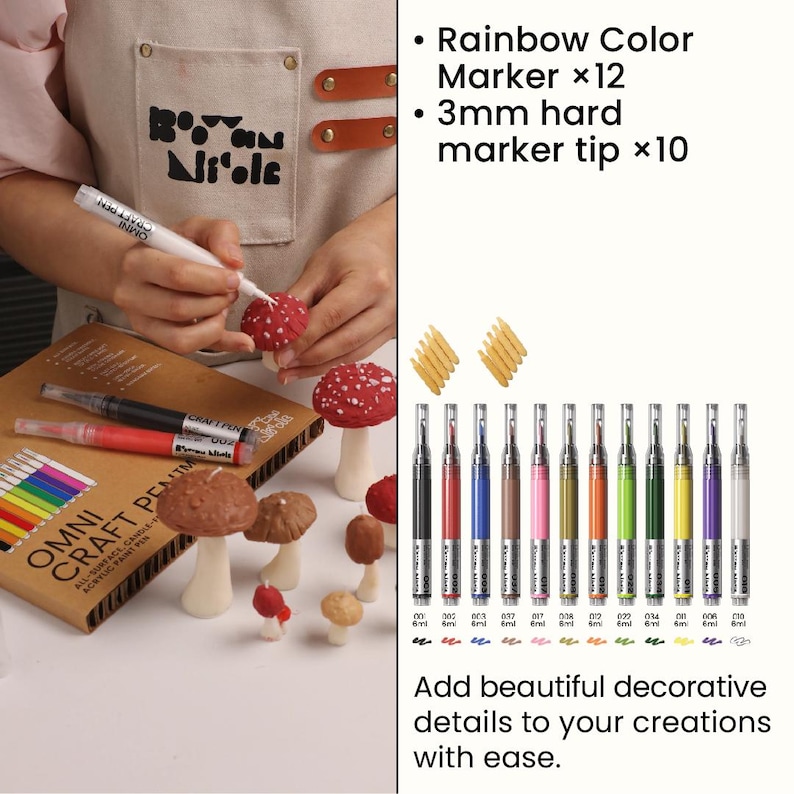 May include: A set of 12 Omni Craft Pens with 3mm hard marker tips, featuring a variety of colors including black, red, blue, brown, pink, gold, orange, green, yellow, purple, and white, shown with mushroom-shaped crafts and a cardboard box.
