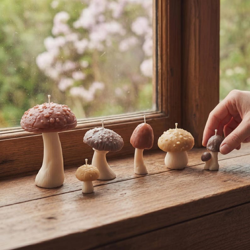May include: A collection of six mushroom-shaped candles in varying sizes and earth tones, including shades of brown, tan, and cream. Each candle features a textured cap with a central wick, arranged in a row on a wooden surface near a window.