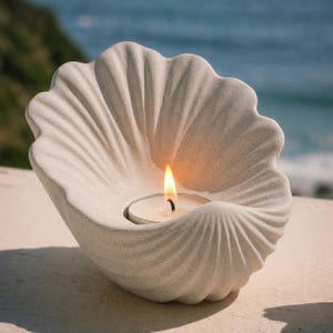 Peut inclure: Un bougeoir en forme de coquillage en pierre claire. Une petite bougie allumée est placée à l'intérieur, sa flamme brillant vivement. Le support a une surface texturée et est placé à l'extérieur, avec l'océan en arrière-plan.