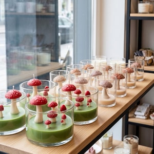 May include: A collection of clear glass candles filled with green wax, each featuring sculpted mushroom figures on top. The mushrooms vary in color, including bright red with white spots and neutral tan tones, arranged in small clusters within the glass.
