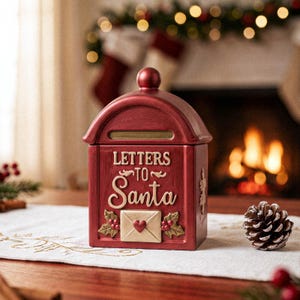 Op de afbeelding: Een donkerrode brievenbusvormige container met een ronde bovenkant en een gleuf. De voorzijde bevat de verhoogde crèmekleurige tekst "LETTERS TO Santa" boven een gebeeldhouwd envelopicoon met een rood hart, geflankeerd door hulstbladeren.