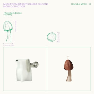 May include: A white silicone mushroom candle mold with a metal clip, accompanied by a finished brown and beige mushroom candle. The mold requires 1.4 ounces of wax and 13-ply wick. Dimensions are 2.4 inches by 0.9 inches for the mushroom.