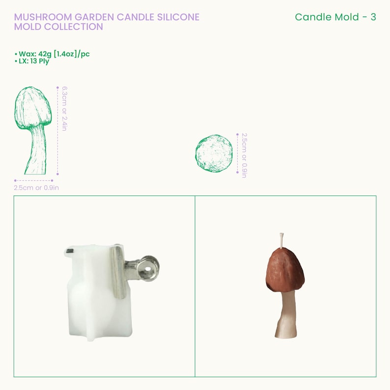 May include: A white silicone mushroom candle mold with a metal clip, accompanied by a finished brown and beige mushroom candle. The mold requires 1.4 ounces of wax and 13-ply wick. Dimensions are 2.4 inches by 0.9 inches for the mushroom.