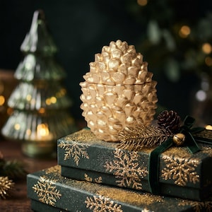 Peut inclure: Un récipient doré texturé en forme de pomme de pin avec un couvercle amovible, posé sur deux boîtes cadeaux vert foncé empilées, décorées de flocons de neige dorés pailletés et d'un ruban de velours vert foncé avec une petite clochette dorée.