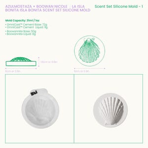 Op de afbeelding: Een siliconen malset voor het maken van schelpvormige items. De afbeelding toont de mal in verschillende stadia, waaronder een groene omtrek, een witte mal en een afgewerkt product. De mal heeft een capaciteit van 31 ml en de afmetingen zijn 6 cm bij 6 cm.